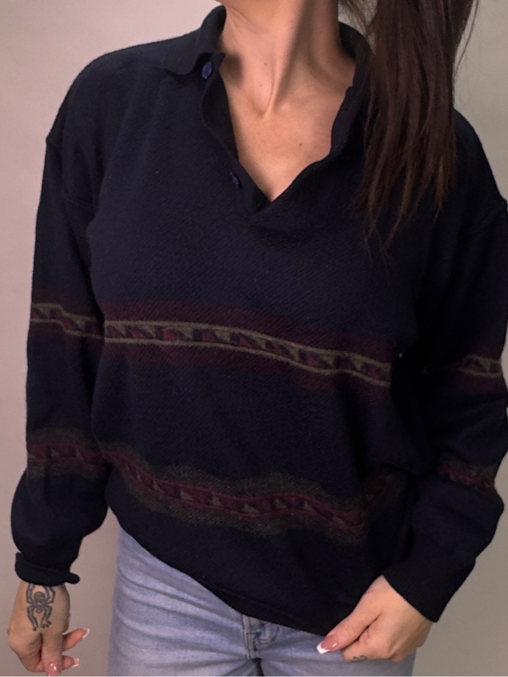 90s vintage oversized dad vibes sweater | preppy polo style collar button v neck